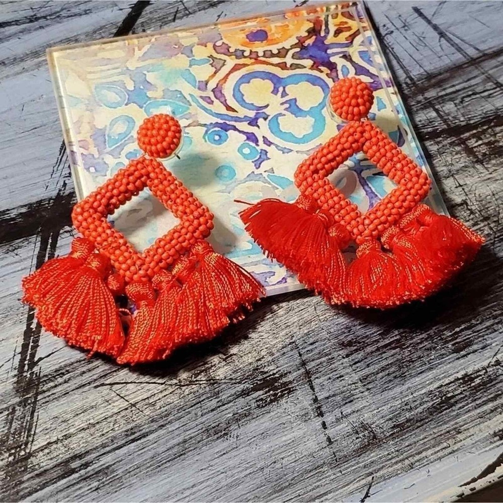 BaubleBar Red Beaded Tassel Drop Earrings Diamond Boho Statement Geometric New